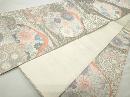 平和屋着物◎六通柄袋帯 唐織 菊唐草文 銀糸 正絹 逸品 CAAR7453yk