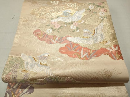 平和屋着物◎六通柄袋帯 唐織 流水雲取り飛鳥花文 金銀糸 正絹 逸品 CAAR7567yk