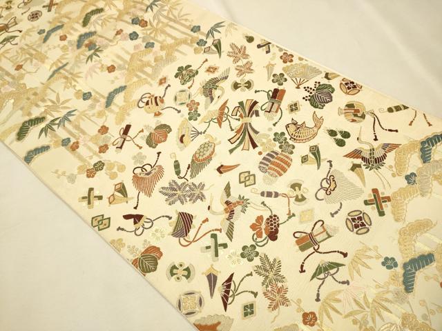 平和屋着物○六通柄袋帯 唐織 宝尽くし松竹梅花文 金糸 正絹 逸品
