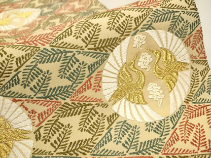 平和屋着物●六通柄袋帯　唐織　松菱鶴の丸文様　金糸　正絹　逸品　CAAR7764hy