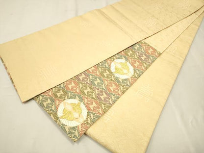 平和屋着物●六通柄袋帯　唐織　松菱鶴の丸文様　金糸　正絹　逸品　CAAR7764hy