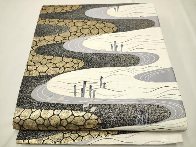 平和屋着物●西陣　京都友禅作家集団　名門　倉染匠　一乃倉　六通柄袋帯　流水千鳥文　金糸　正絹　逸品　CAAR7772hy 平和屋着物○西陣 京都友禅作家集団 名門 倉染匠 一乃倉 六