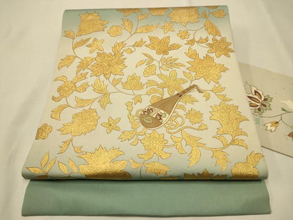 平和屋着物●塩瀬　九寸名古屋帯　楽器　更紗花文　金糸　正絹　逸品　CAAR7813hy