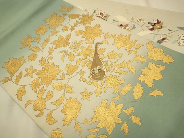 平和屋着物●塩瀬　九寸名古屋帯　楽器　更紗花文　金糸　正絹　逸品　CAAR7813hy