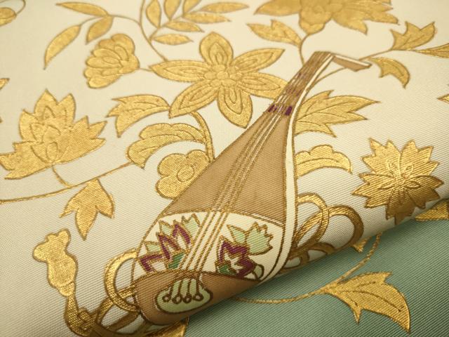 平和屋着物●塩瀬　九寸名古屋帯　楽器　更紗花文　金糸　正絹　逸品　CAAR7813hy