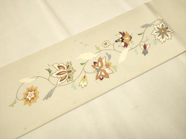 平和屋着物●塩瀬　九寸名古屋帯　楽器　更紗花文　金糸　正絹　逸品　CAAR7813hy