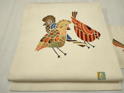 平和屋着物●九寸名古屋帯 作家物 臈纈染め 鳥 正絹 逸品 CAAR7893hy