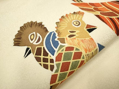 平和屋着物●九寸名古屋帯 作家物 臈纈染め 鳥 正絹 逸品 CAAR7893hy