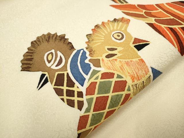 平和屋着物●九寸名古屋帯 作家物 臈纈染め 鳥 正絹 逸品 CAAR7893hy