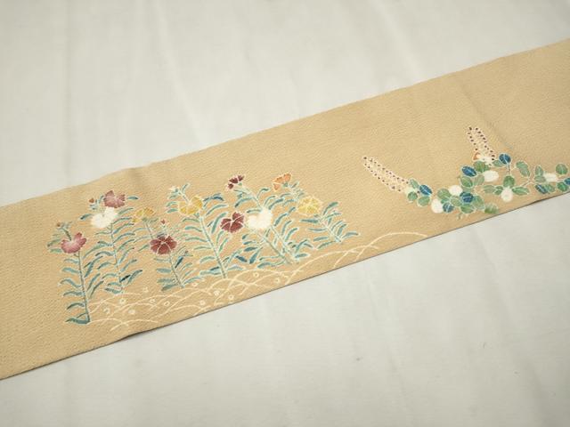 平和屋着物●九寸名古屋帯 草花文 鬼しぼ縮緬 正絹 逸品 CAAR7898hy