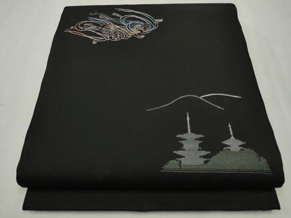 平和屋着物●塩瀬　九寸開き名古屋帯　総刺繍　天女　風景文　黒地　正絹　逸品　CAAR7913hy