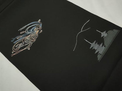 平和屋着物●塩瀬　九寸開き名古屋帯　総刺繍　天女　風景文　黒地　正絹　逸品　CAAR7913hy