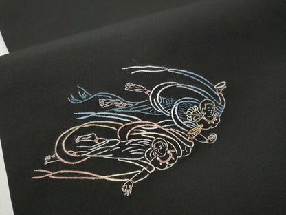 平和屋着物●塩瀬　九寸開き名古屋帯　総刺繍　天女　風景文　黒地　正絹　逸品　CAAR7913hy