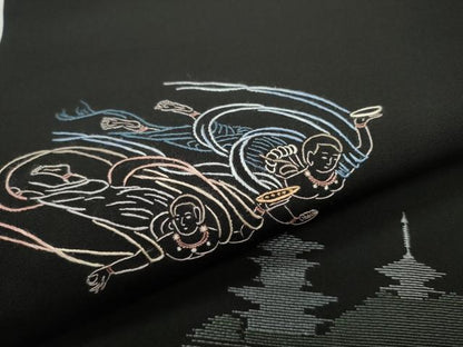 平和屋着物●塩瀬　九寸開き名古屋帯　総刺繍　天女　風景文　黒地　正絹　逸品　CAAR7913hy