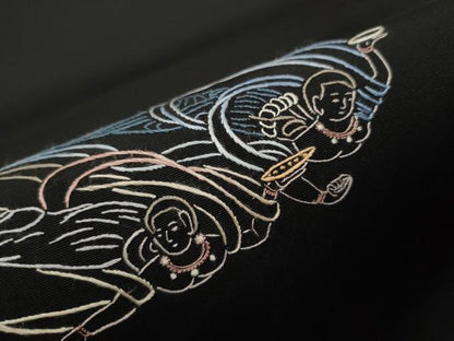 平和屋着物●塩瀬　九寸開き名古屋帯　総刺繍　天女　風景文　黒地　正絹　逸品　CAAR7913hy