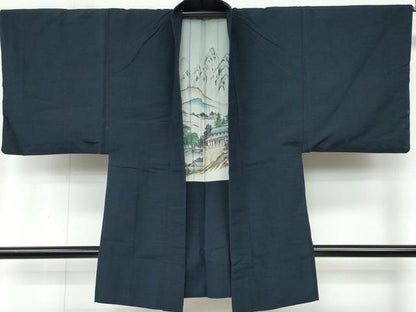 平和屋着物●男性 紬 アンサンブル 藍鉄色 正絹 逸品 CAAR8123vf
