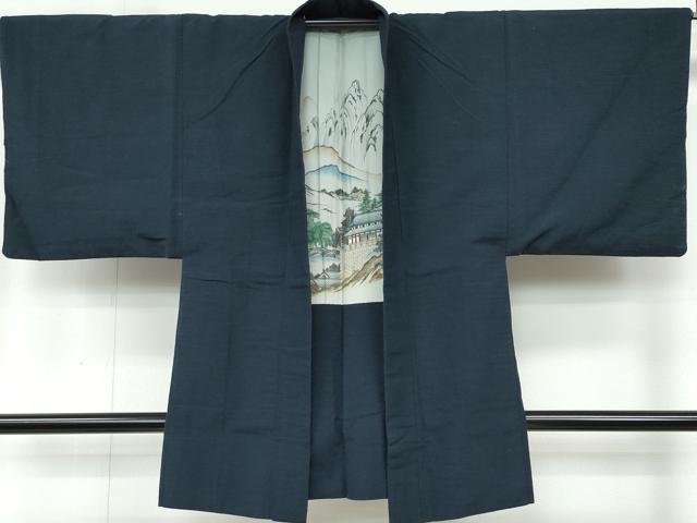 平和屋着物●男性 紬 アンサンブル 藍鉄色 正絹 逸品 CAAR8123vf