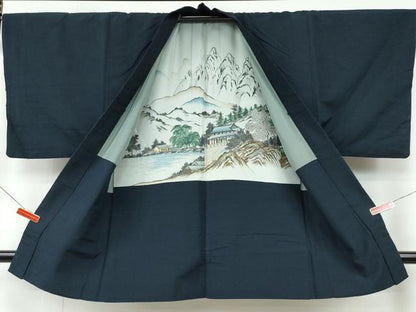 平和屋着物●男性 紬 アンサンブル 藍鉄色 正絹 逸品 CAAR8123vf