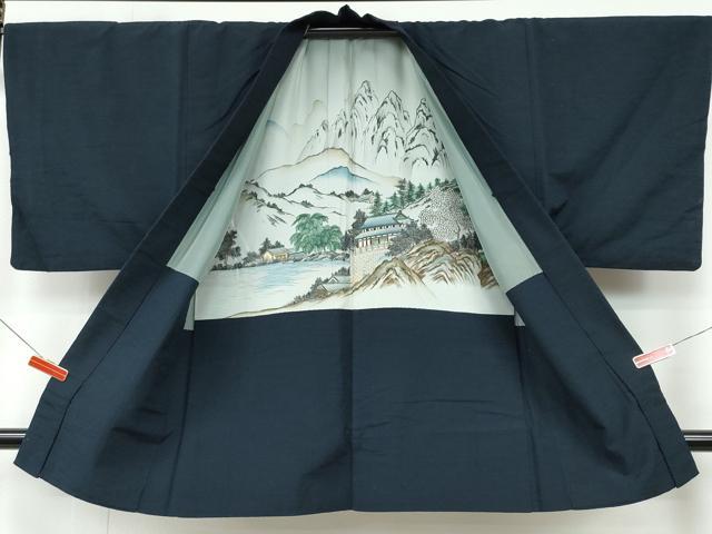 平和屋着物●男性 紬 アンサンブル 藍鉄色 正絹 逸品 CAAR8123vf