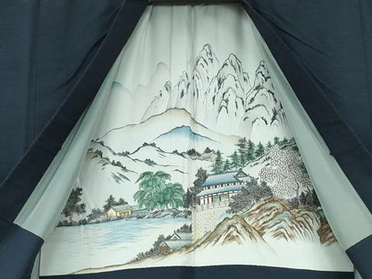 平和屋着物●男性 紬 アンサンブル 藍鉄色 正絹 逸品 CAAR8123vf