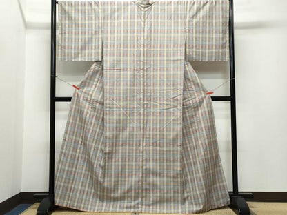 平和屋着物●上質な紬 　格子柄　正絹　逸品　未使用　CAAR8188vf