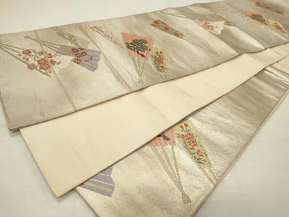 平和屋着物◎六通柄袋帯 扇面草花文 金銀糸 正絹 逸品 CAAR8767in