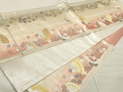 平和屋着物◎六通柄袋帯　檜扇花蝶間道　金銀糸　正絹　逸品　CAAR8988id