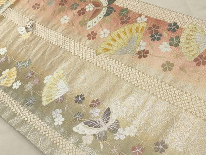 平和屋着物◎六通柄袋帯　檜扇花蝶間道　金銀糸　正絹　逸品　CAAR8988id