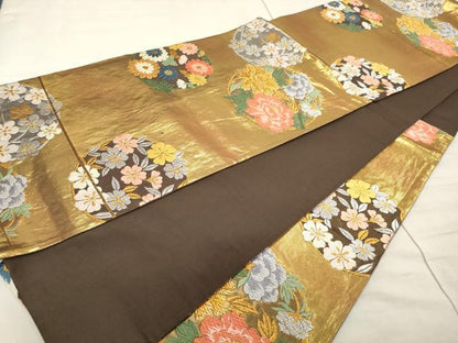 平和屋着物◎六通柄袋帯 唐織 草花丸文 金銀糸 正絹 逸品 CAAR9003id