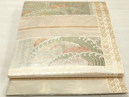 平和屋着物◎六通柄袋帯　間道波頭文　手織　金糸　正絹　逸品　CAAR9009id