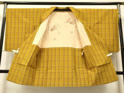 平和屋着物＃本場黄八丈 道行コート 格子柄 三越扱い ロング丈 正絹 逸品 CAAR9146id