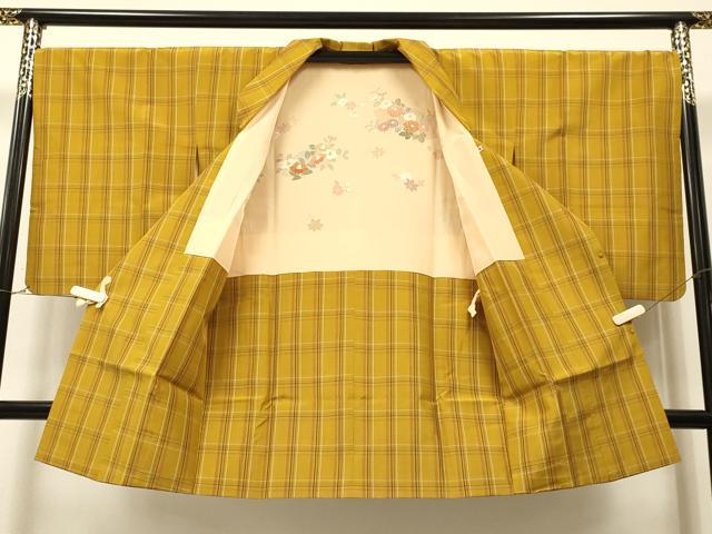 平和屋着物＃本場黄八丈 道行コート 格子柄 三越扱い ロング丈 正絹 逸品 CAAR9146id