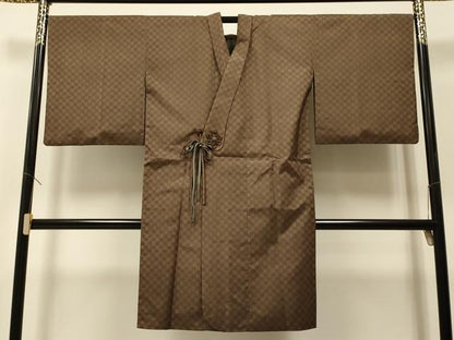 平和屋着物＃道中着　紬地　市松文様　さが美扱い　ロング丈　正絹　逸品　CAAR9162id