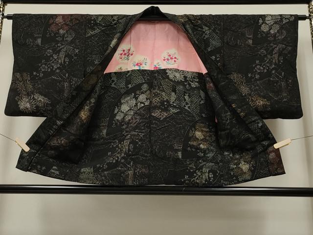 平和屋着物∞羽織 寿光織 地紙重ね御所車花文 黒地 金銀糸 正絹 逸品 CAAR9167id