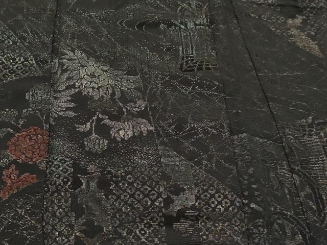 平和屋着物∞羽織 寿光織 地紙重ね御所車花文 黒地 金銀糸 正絹 逸品 CAAR9167id