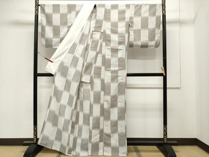平和屋着物▽小紋 単衣 市松文 暈し染め 洗える着物 CAAR9691ev