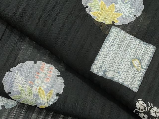 平和屋着物＊夏物 小紋 紗 雪輪兎草花文 黒地 洗える着物 CAAQ1233evm