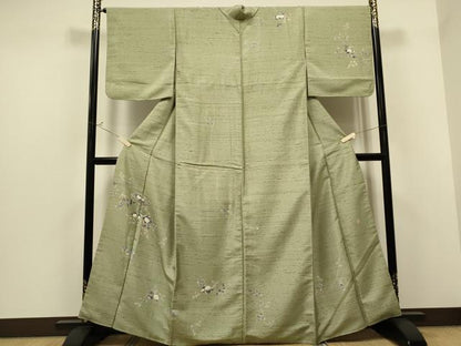 平和屋着物●訪問着　友禅　作家物　紬地　枝花文　金糸　正絹　逸品　CAAS0012th