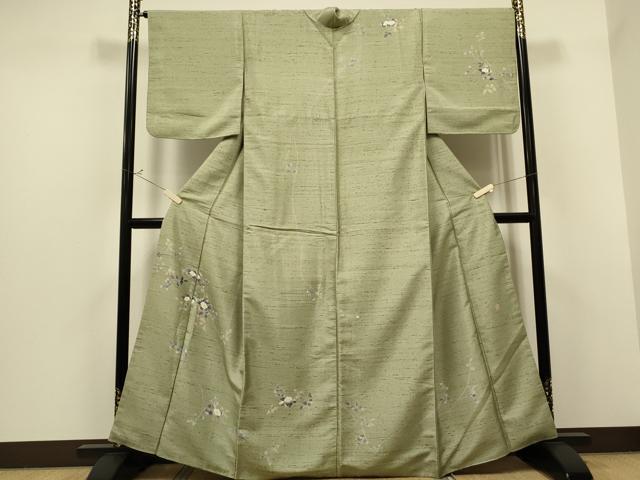 平和屋着物●訪問着　友禅　作家物　紬地　枝花文　金糸　正絹　逸品　CAAS0012th