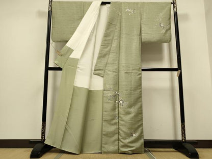 平和屋着物●訪問着　友禅　作家物　紬地　枝花文　金糸　正絹　逸品　CAAS0012th