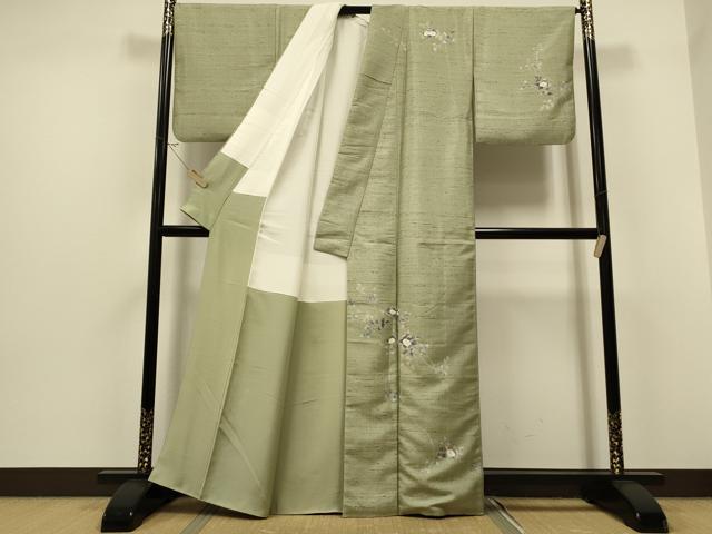 平和屋着物●訪問着　友禅　作家物　紬地　枝花文　金糸　正絹　逸品　CAAS0012th