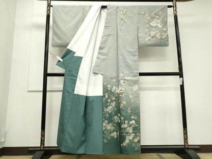 平和屋着物●訪問着 紬地 破れ色紙枝花文 金彩 正絹 逸品 CAAS0030th