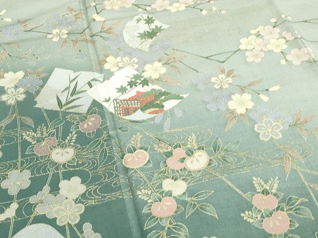 平和屋着物●訪問着 紬地 破れ色紙枝花文 金彩 正絹 逸品 CAAS0030th