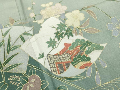 平和屋着物●訪問着 紬地 破れ色紙枝花文 金彩 正絹 逸品 CAAS0030th