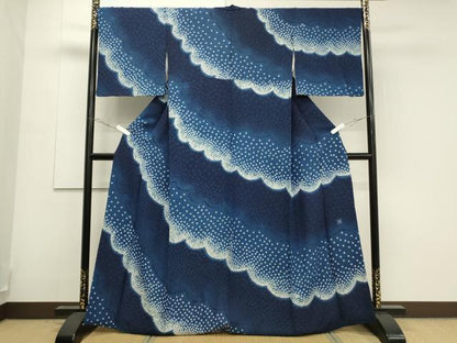 平和屋着物●上質な小紋　作家物　絞り　藍　雲取り文　正絹　逸品　CAAS0078th