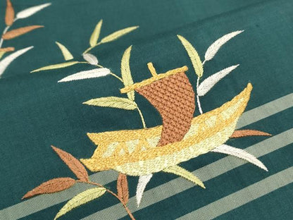平和屋着物●訪問着 紬地 総刺繍 舟 草葉文 金糸 正絹 逸品 CAAS0217th