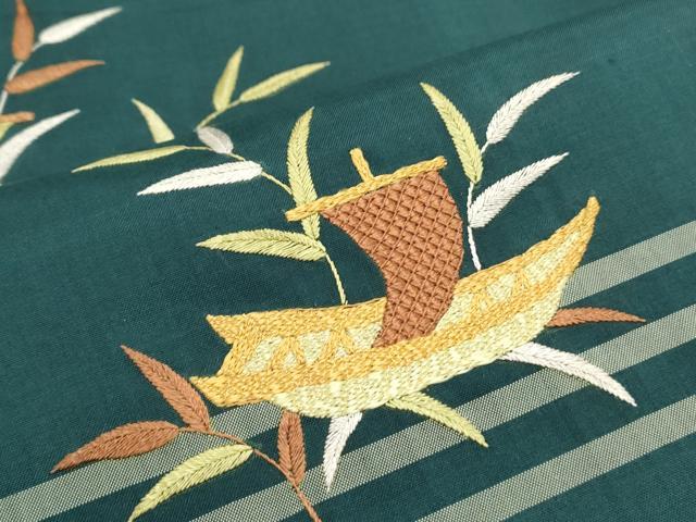 平和屋着物●訪問着 紬地 総刺繍 舟 草葉文 金糸 正絹 逸品 CAAS0217th