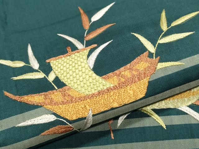 平和屋着物●訪問着 紬地 総刺繍 舟 草葉文 金糸 正絹 逸品 CAAS0217th