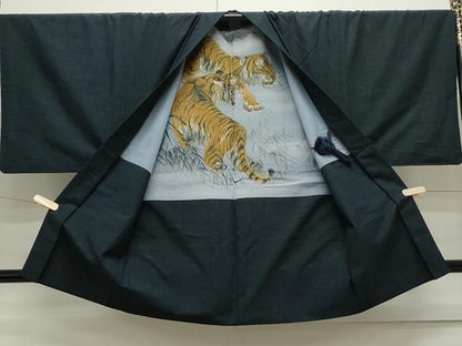 平和屋着物●男性 紬 アンサンブル 色無地 濃藍色 正絹 逸品 CAAS0276th