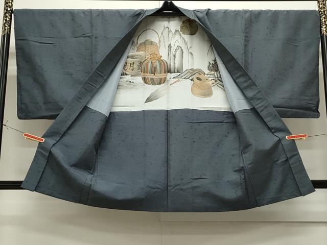 平和屋着物●男性 髭紬 アンサンブル 色無地 藍鼠色 正絹 逸品 CAAS0288th